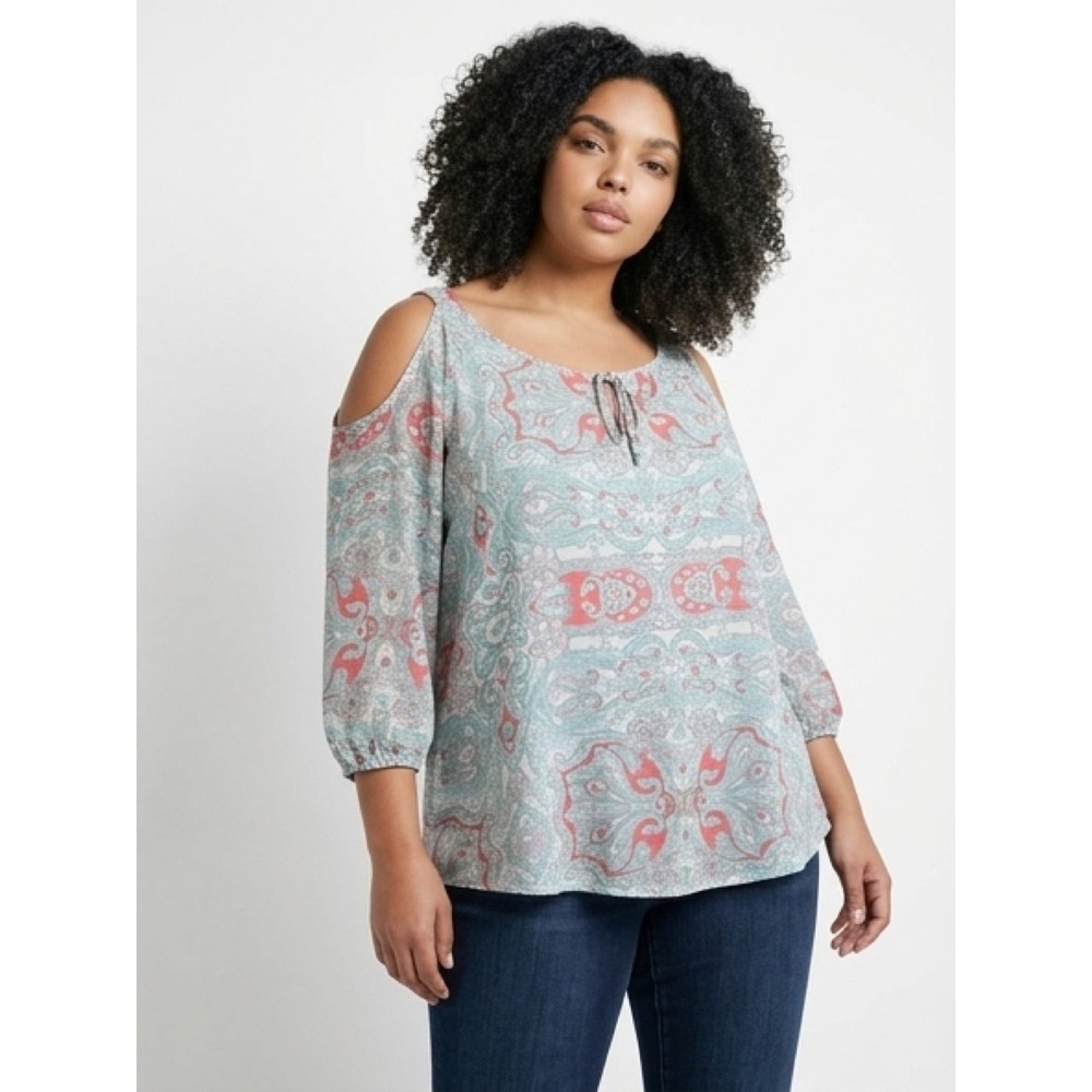 Maurices Cold Shoulder Blouse Womens XL Teal Pink Paisley Excellent Tie Neck Top